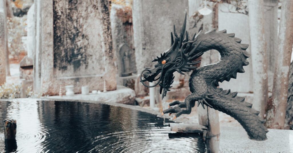 龍神の光に包まれながら瞑想する人を描いた幻想的な光景。穏やかな心で龍神と波動を合わせる様子を表現。