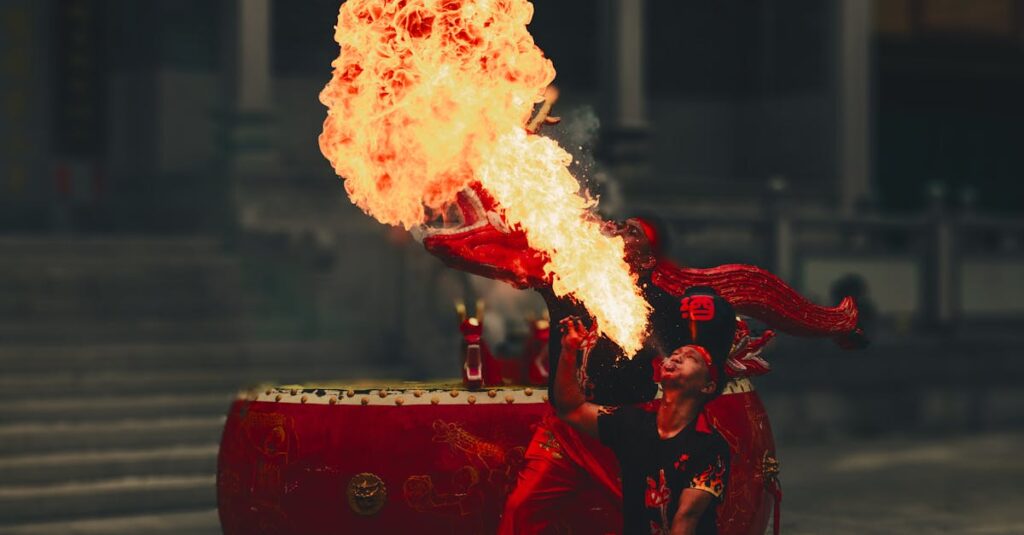 五色の龍神が自然の五行エネルギーを象徴する幻想的な光景。青・白・黒・赤・金の龍が調和して舞う神秘的なビジュアル