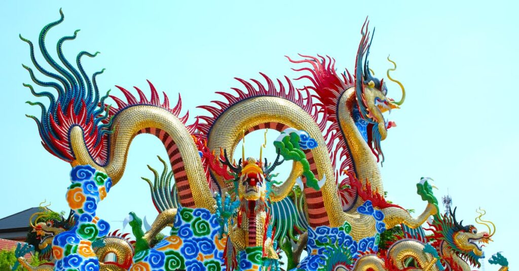 龍神の光が人に導きを送る神秘的なエネルギーのイメージ。天から降り注ぐ黄金の龍のエネルギーが人の魂に届く様子を表現。