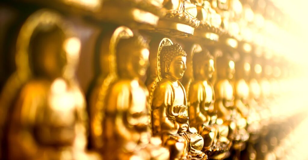 瞑想する人の周囲に金龍と白龍が光となって舞い、金運と感謝のエネルギーが融合している神秘的な情景