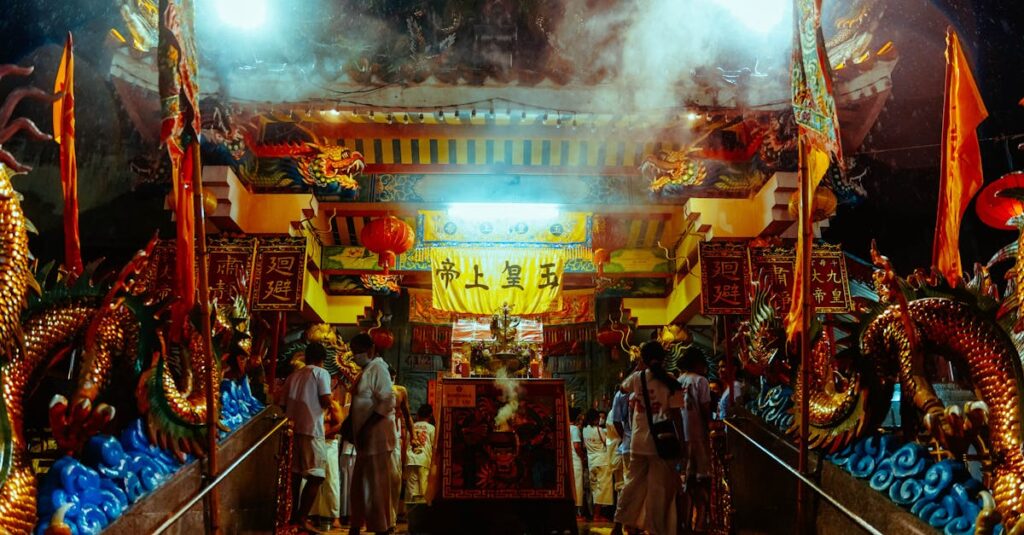 龍神のお札が祀られた家庭の祭壇に、光と風が流れ込む美しいスピリチュアルな空間