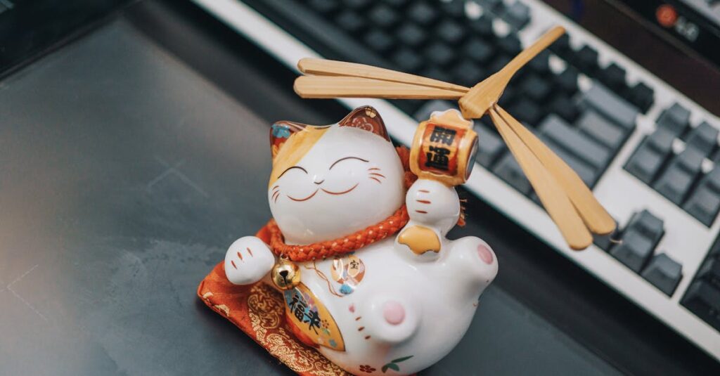 龍神の置物で空間を整える様子を表す、金色の龍の像と流れる氣のエネルギーを描いたイメージ。