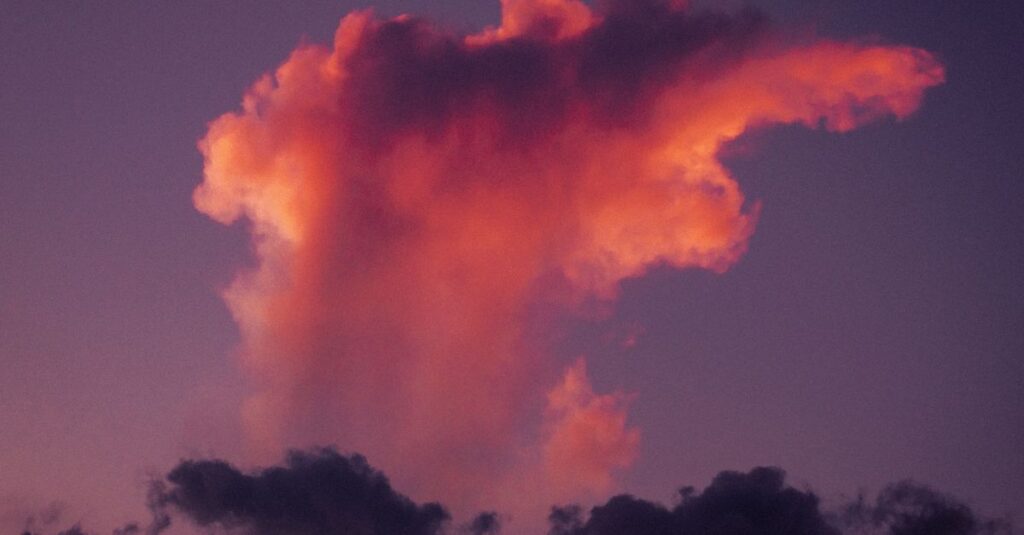 さまざまな形の龍神雲が空に浮かぶ、頭・昇り龍・巻き龍などを表現した幻想的な光景