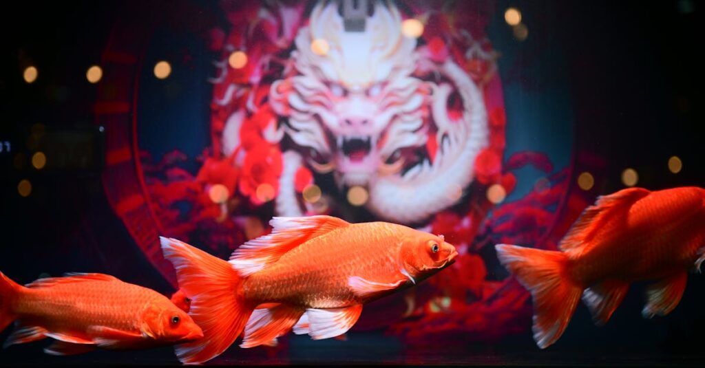 部屋の中央に龍神の置物が飾られ、金色の光が空間全体に広がる神秘的なアート